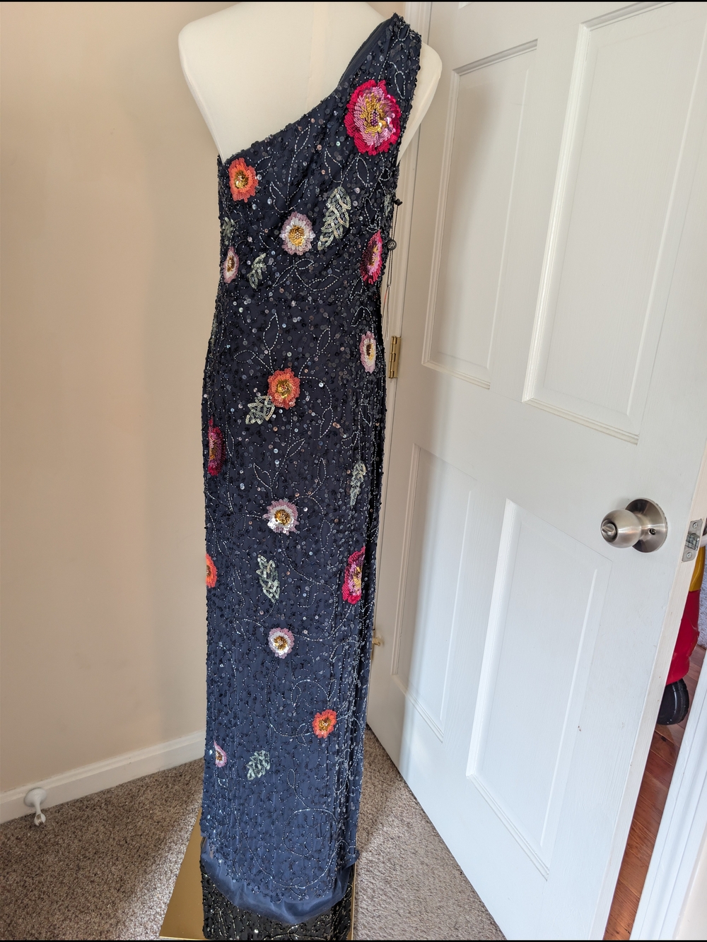 NWT Adrianna Papell One-Shoulder Floral Beaded Sequin Formal Gown Navy Size 8 - Picture 2 of 9